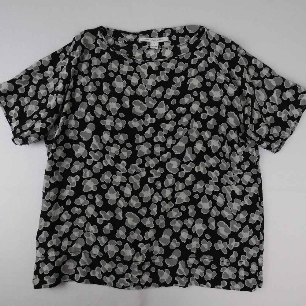 Diane‎ Von Furstenberg Leopard Print Short Sleeve Top Women Size M Black Gray